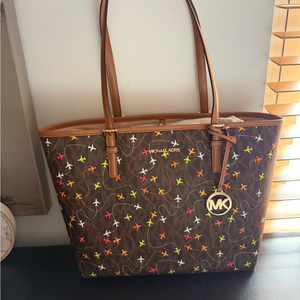 Michael Kors Brown Airplane Print Tote Bag with Leather Trim